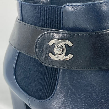 CHANEL boots G29293 leather Navy short boots shoes shoes heels CC COCO Mark Turnlock Women 37.5 Used Authentic