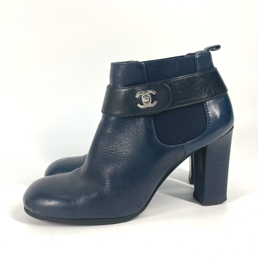 CHANEL boots G29293 leather Navy short boots shoes shoes heels CC COCO Mark Turnlock Women 37.5 Used Authentic