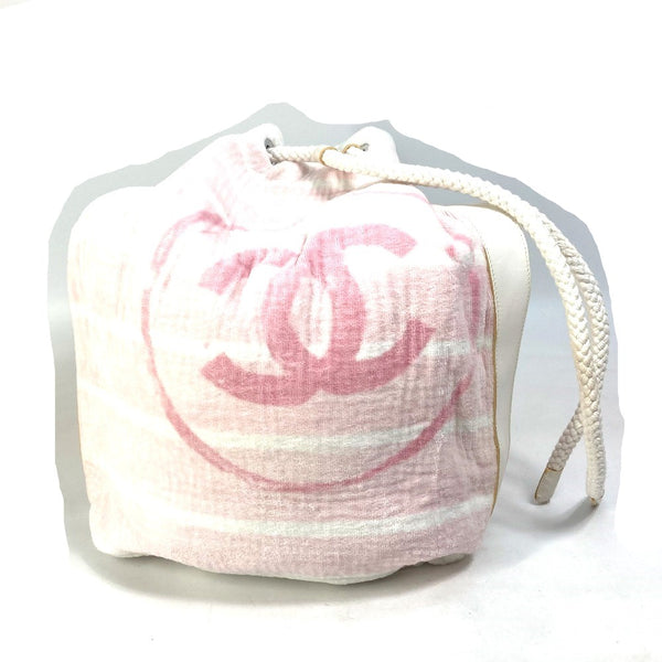 CHANEL Shoulder Bag drawstring bag beach bag shoulder CC COCO Mark Border Pile cotton pink Women Used Authentic