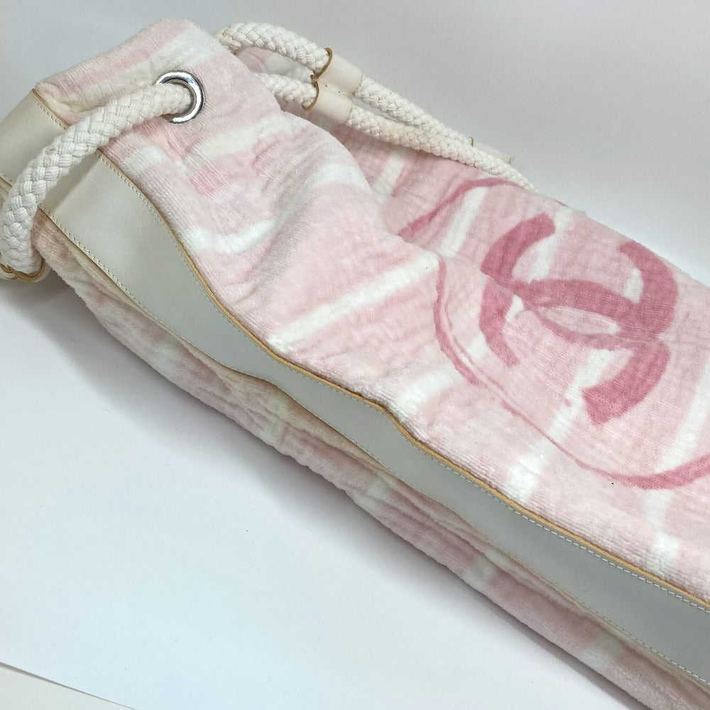 CHANEL Shoulder Bag cotton pink beach bag shoulder CC COCO Mark Border Pile Women Used Authentic