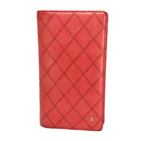 CHANEL Long Wallet Purse 2 fold long wallet Bicolole COCO Mark Double Stitch leather Orange red Women Used Authentic