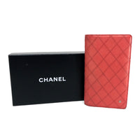CHANEL Long Wallet Purse 2 fold long wallet Bicolole COCO Mark Double Stitch leather Orange red Women Used Authentic