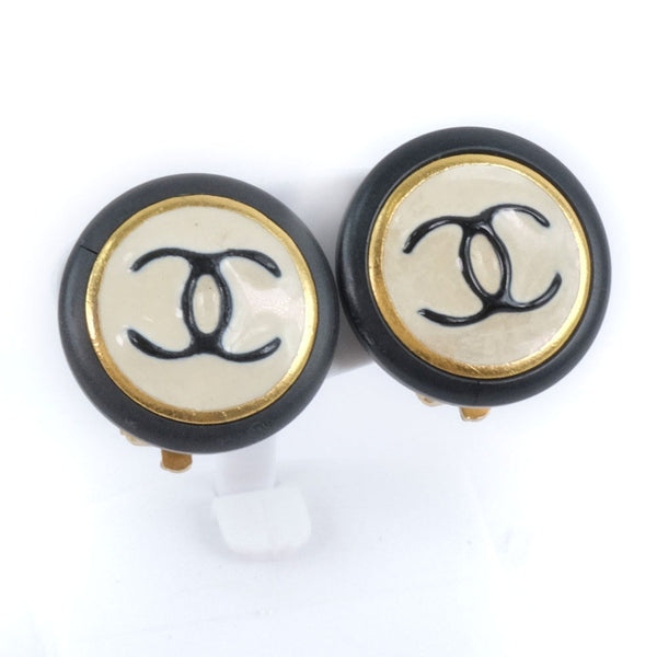 CHANEL Earring COCO Mark Plated Gold black Women Used Authentic