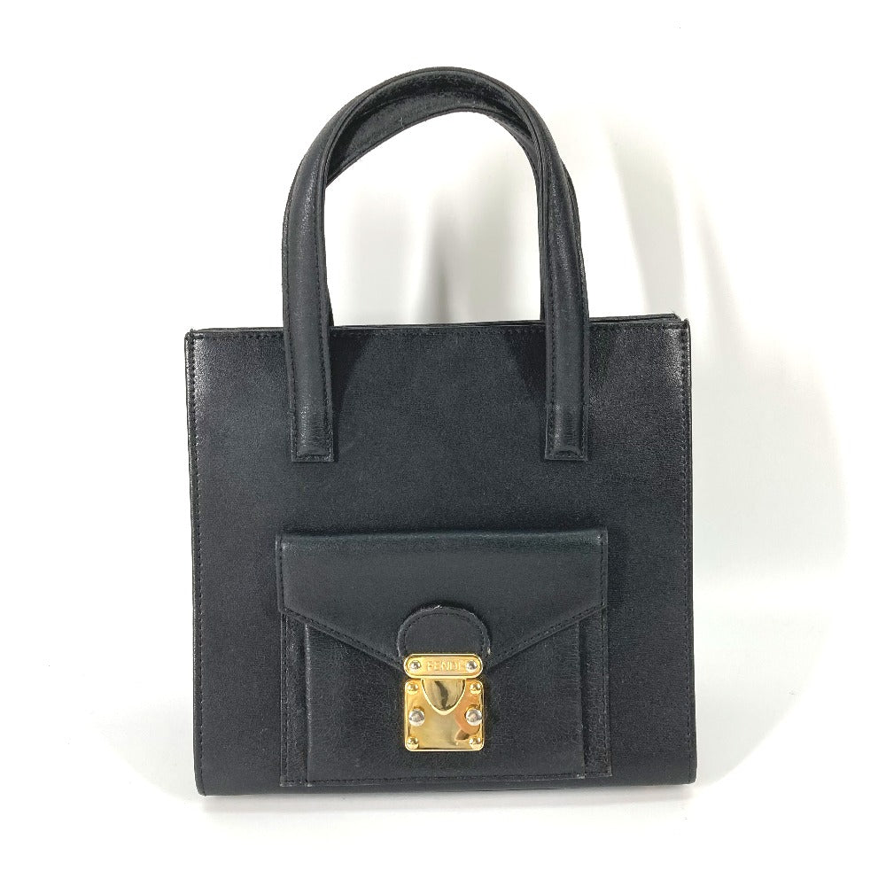 FENDI Tote Bag leather black vintage logo Women Used Authentic