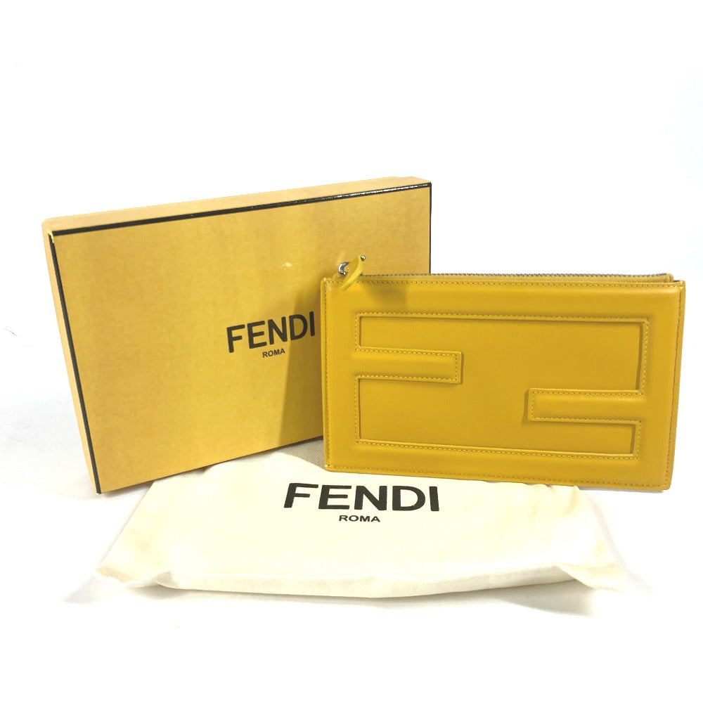 FENDI Clutch bag 7N0114 leather yellow Bag logo FF logo pouch Bucket Women Used Authentic