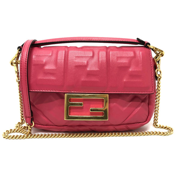 FENDI Shoulder Bag Chain 2WAY bag FF baguette small lambskin 8BS017 pink Women Used Authentic