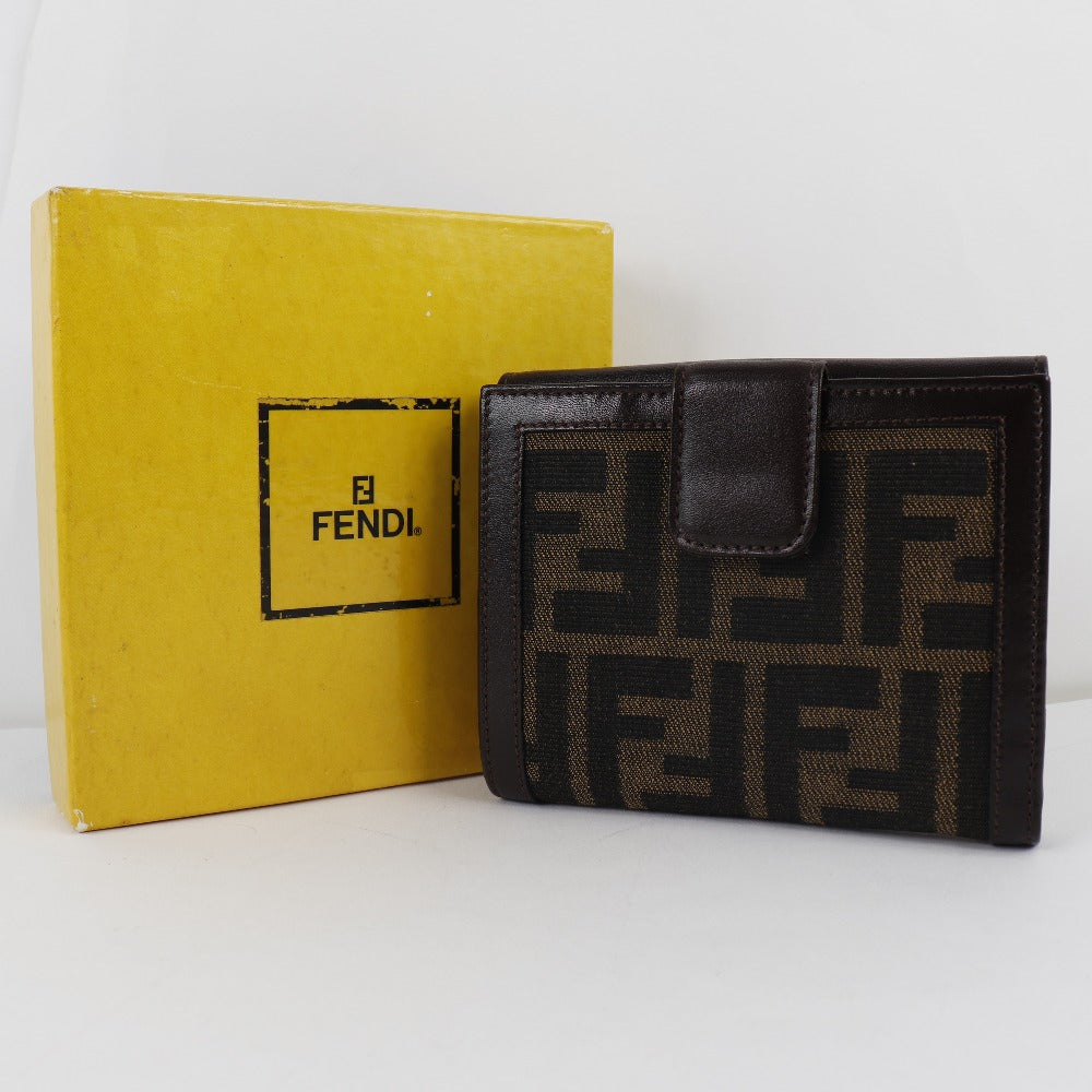 FENDI Bifold Wallet Canvas, Calfskin Brown Zucca Women Used Authentic