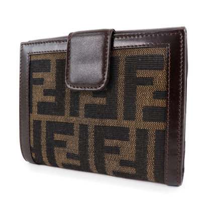 FENDI Bifold Wallet Canvas, Calfskin Brown Zucca Women Used Authentic