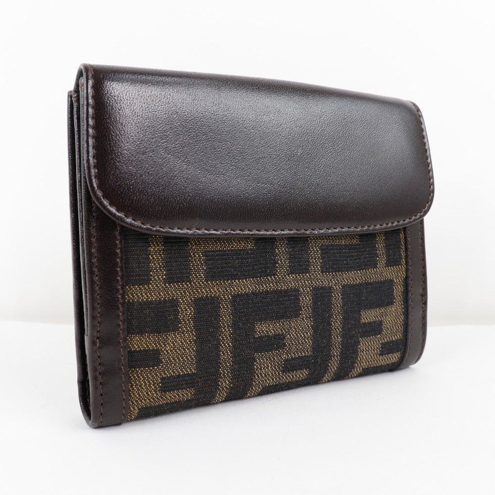 FENDI Bifold Wallet Canvas, Calfskin Brown Zucca Women Used Authentic