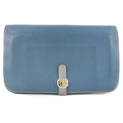 HERMES Long Wallet Purse Calfskin Blue Dogon unisex(Unisex) Used Authentic