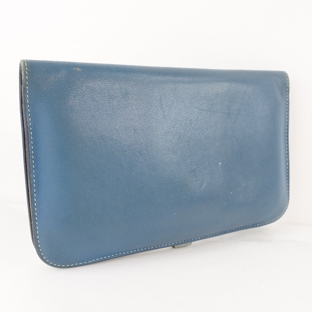 HERMES Long Wallet Purse Calfskin Blue Dogon unisex(Unisex) Used Authentic