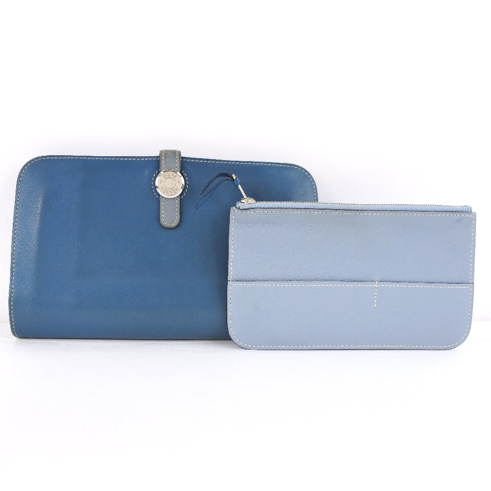 HERMES Long Wallet Purse Calfskin Blue Dogon unisex(Unisex) Used Authentic