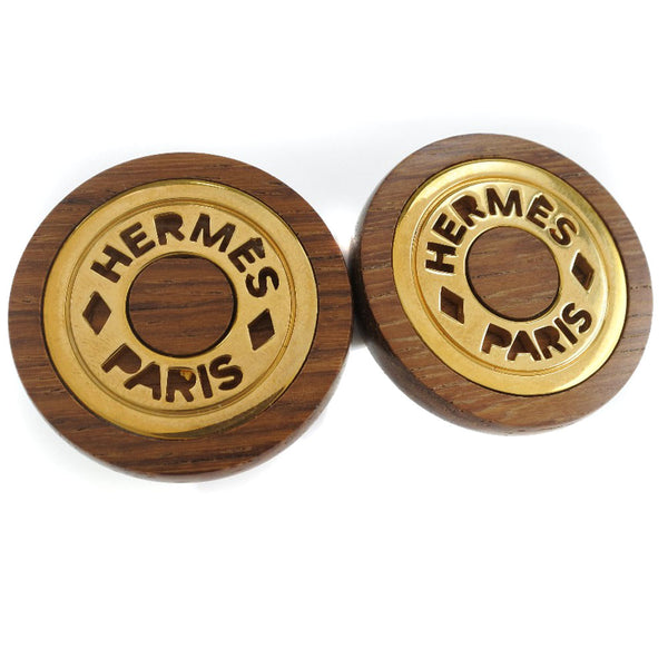 HERMES Earring Serie Wood, Plated Gold Brown / Gold Women Used Authentic