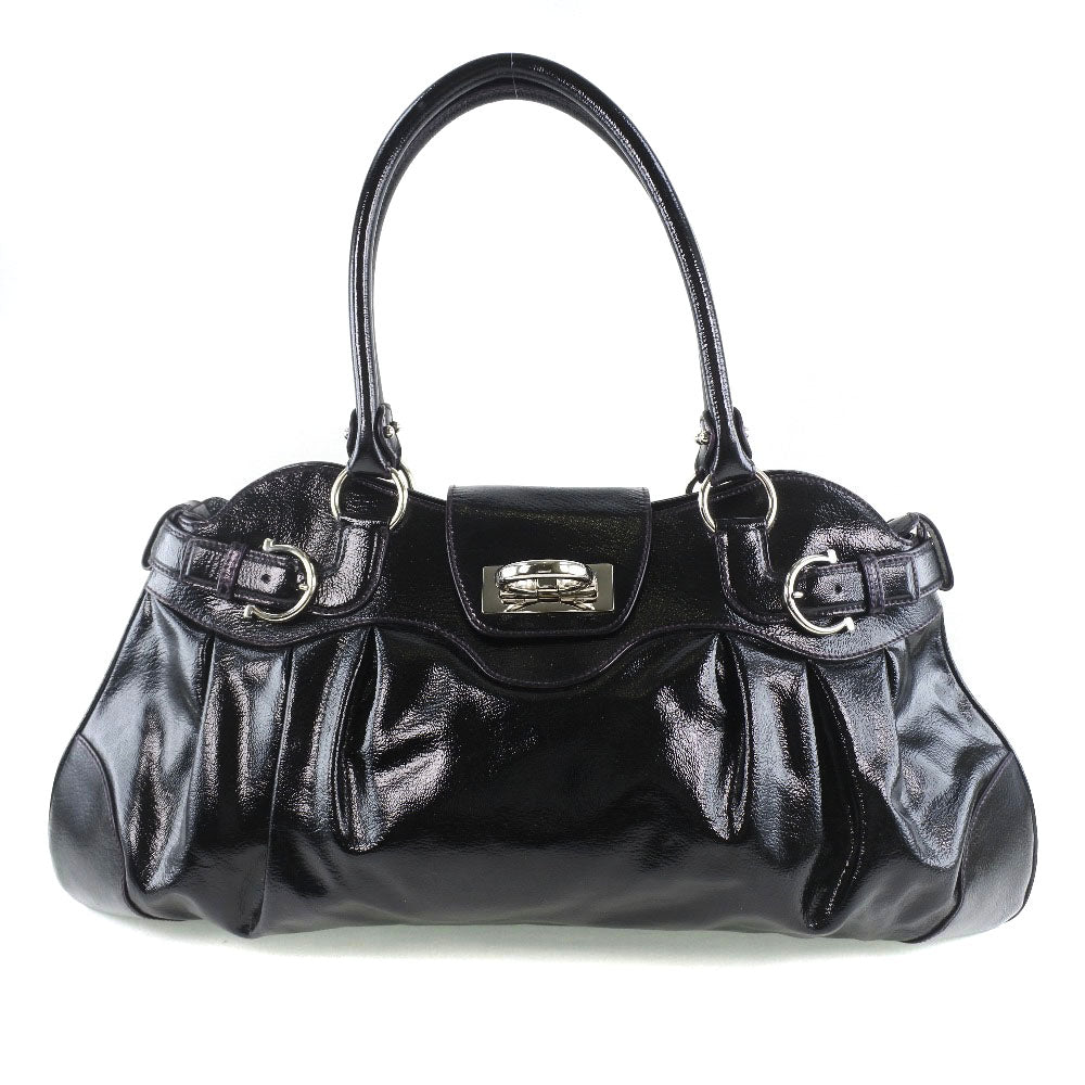 Salvatore Ferragamo Shoulder Bag Patent leather black Gancini Women Used Authentic