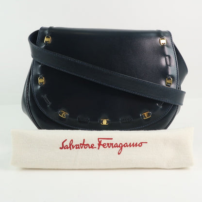 Salvatore Ferragamo Shoulder Bag Calfskin Navy blue Vera Women Used Authentic