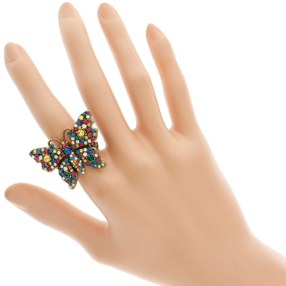 GUCCI Ring Plated Gold multicolor Crystal butterfly ring Women XS Used Authentic