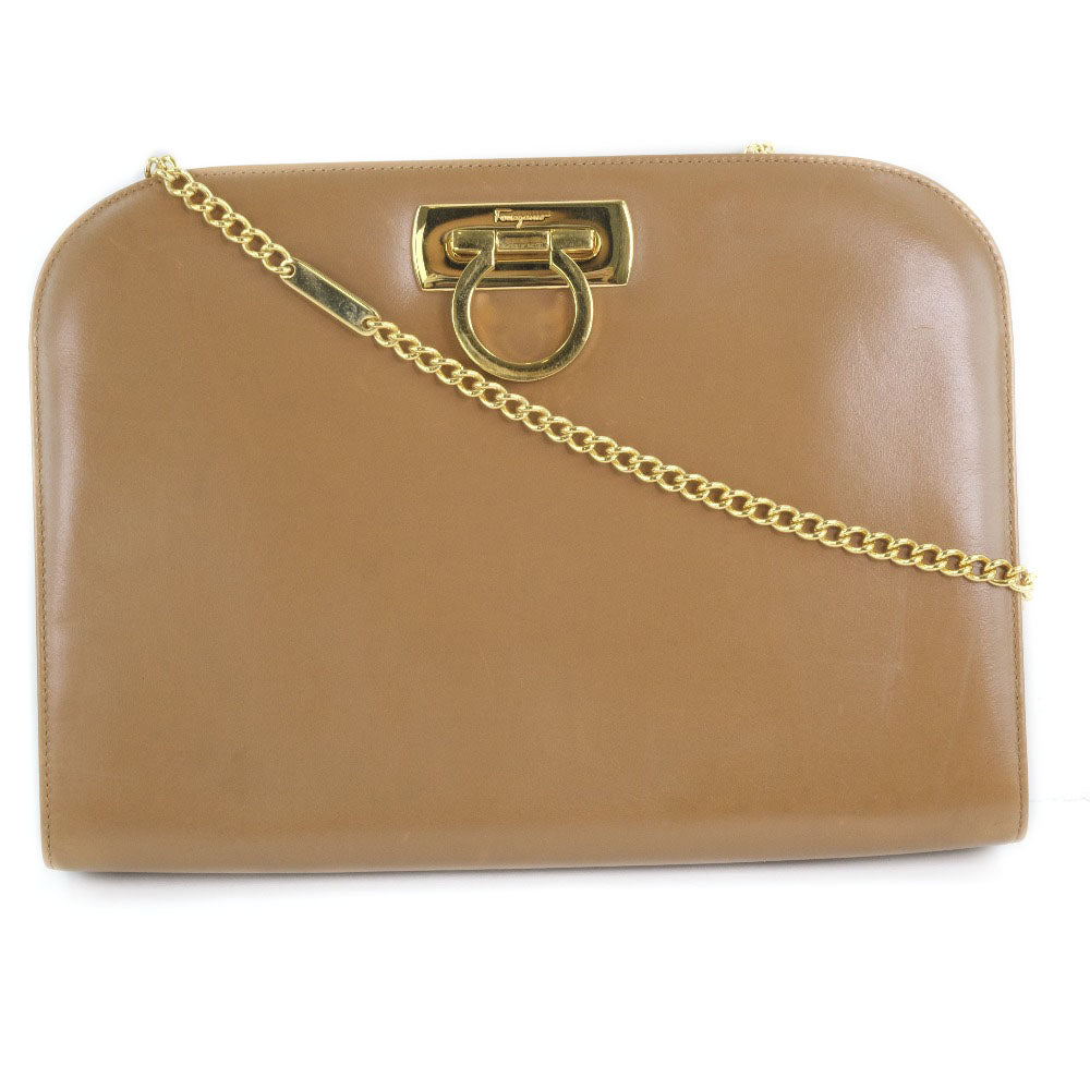 Salvatore Ferragamo Shoulder Bag Calfskin Camel Gancini ChainShoulder Women Used Authentic