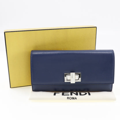 FENDI Long Wallet Purse 8M0377 Calfskin Navy Peekaboo Women Used Authentic