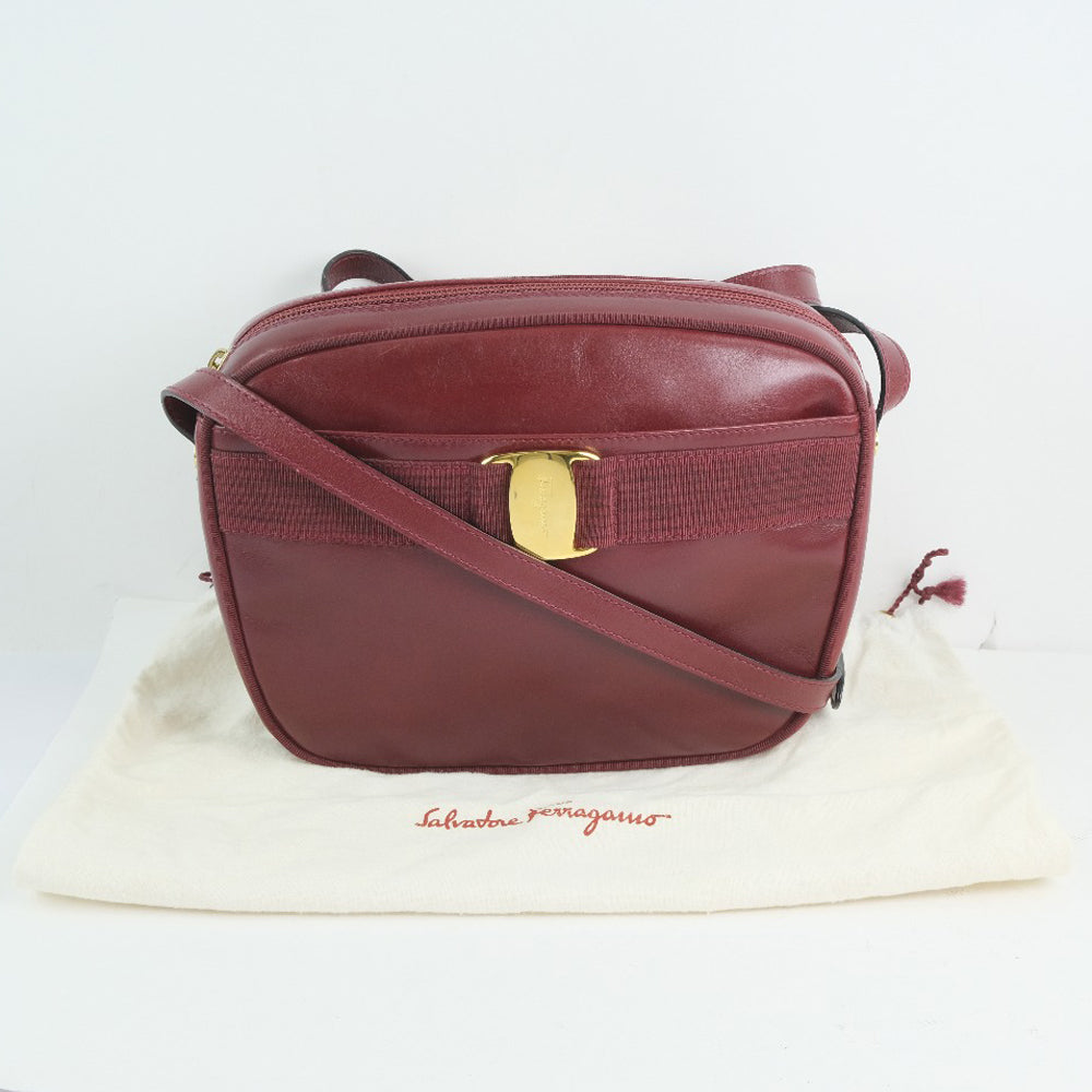 Salvatore Ferragamo Shoulder Bag Calfskin Red Vara ribbon Women Used Authentic