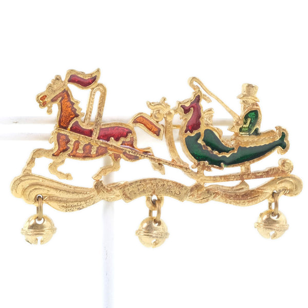 HERMES Brooch Carriage Plated Gold Red, Green, Orange Women Used Authentic
