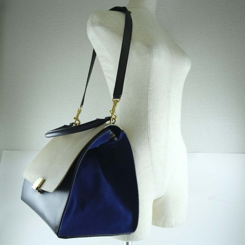 CELINE Handbag Calfskin, suede Black / blue / beige 2WAYShoulder Trapeze Women Used Authentic