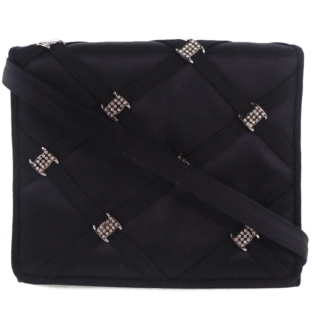 Salvatore Ferragamo Clutch bag Satin, Rhinestone black 2WAYShoulder Women Used Authentic