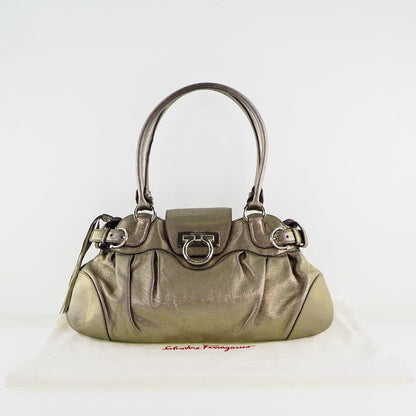 Salvatore Ferragamo Handbag AU 21 6317 Calfskin Silver Gancini Marissa Women Used Authentic