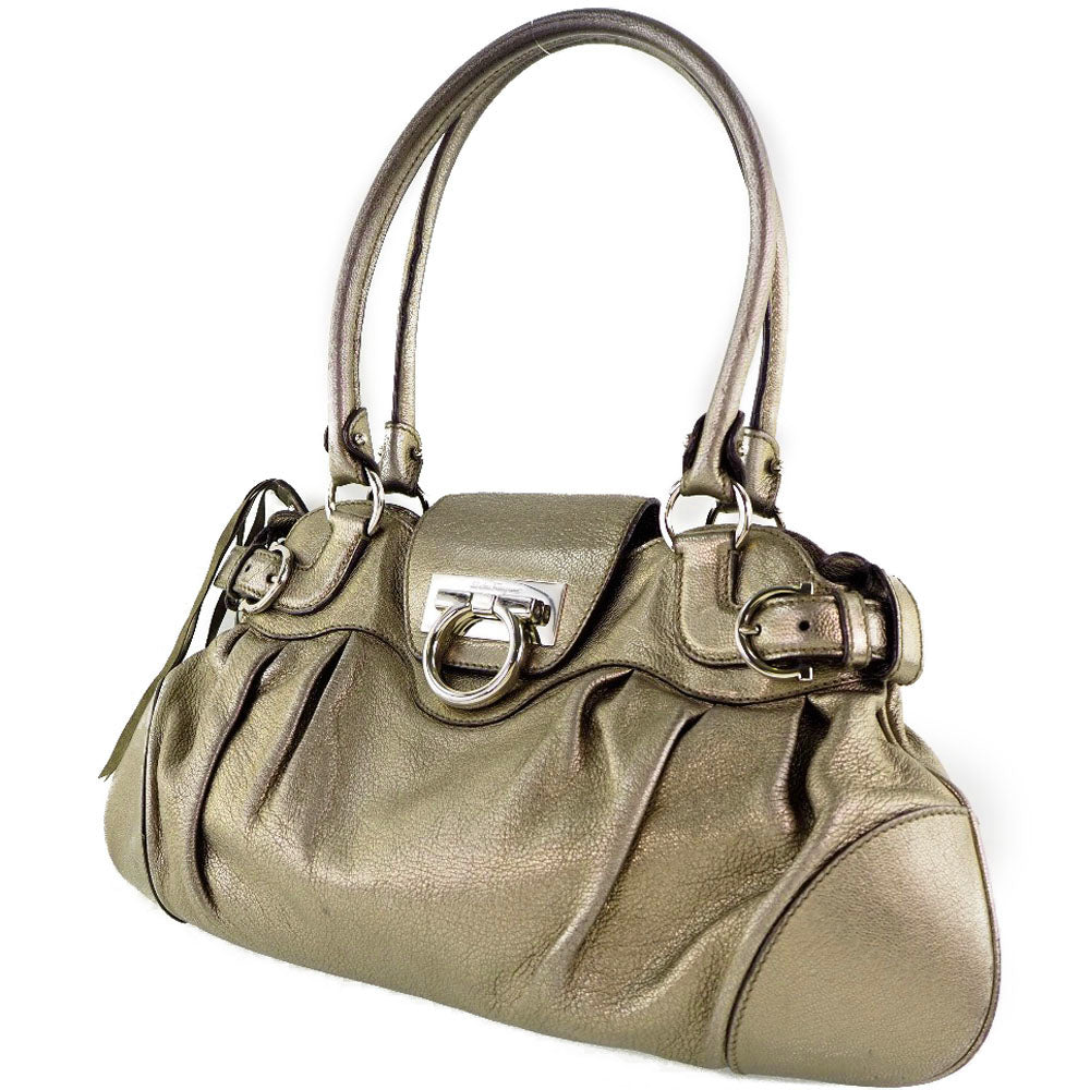 Salvatore Ferragamo Handbag AU 21 6317 Calfskin Silver Gancini Marissa Women Used Authentic