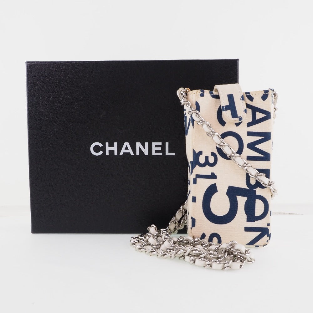 CHANEL Pouch canvas White / blue Chain pouch Women Used Authentic