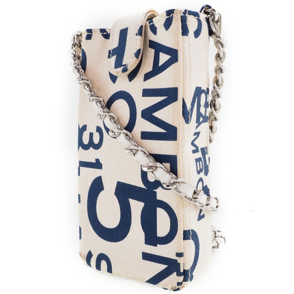 CHANEL Pouch canvas White / blue Chain pouch Women Used Authentic