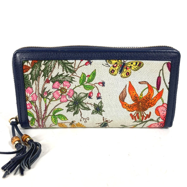 GUCCI Long Wallet Purse Zip Around tassel bamboo flora Canvas / leather 356708 Navy Women Used Authentic