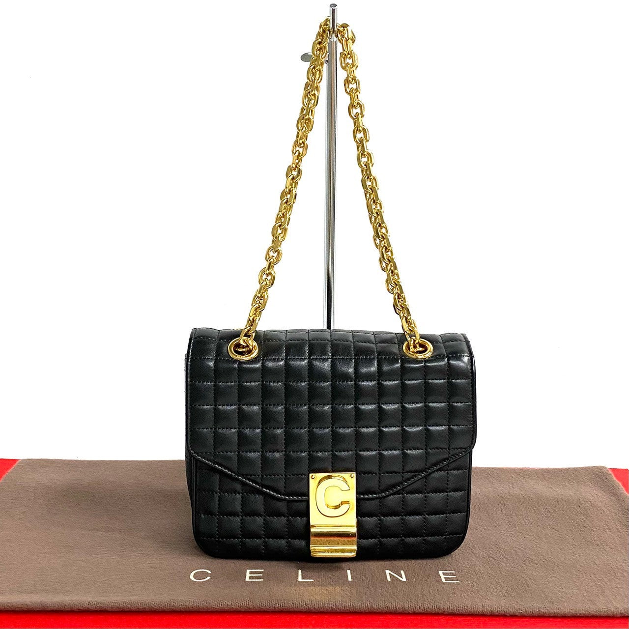 CELINE Shoulder Bag leather black C-S Quilted ChainShoulder Small