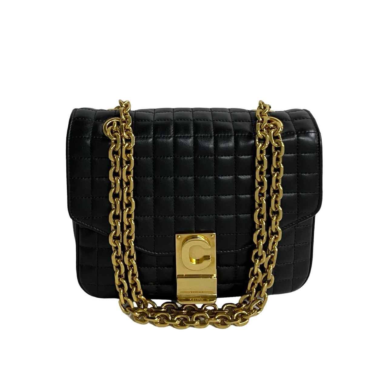 CELINE Shoulder Bag leather black C-S Quilted ChainShoulder Small