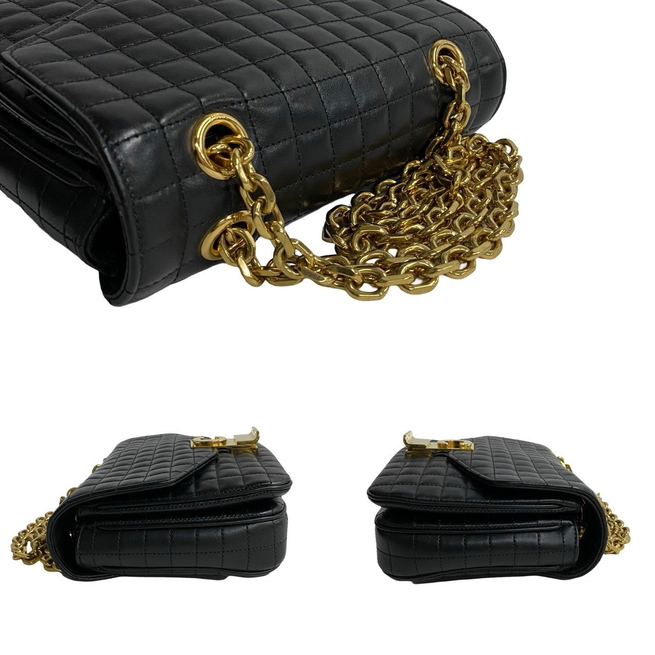 CELINE Shoulder Bag leather black C-S Quilted ChainShoulder Small