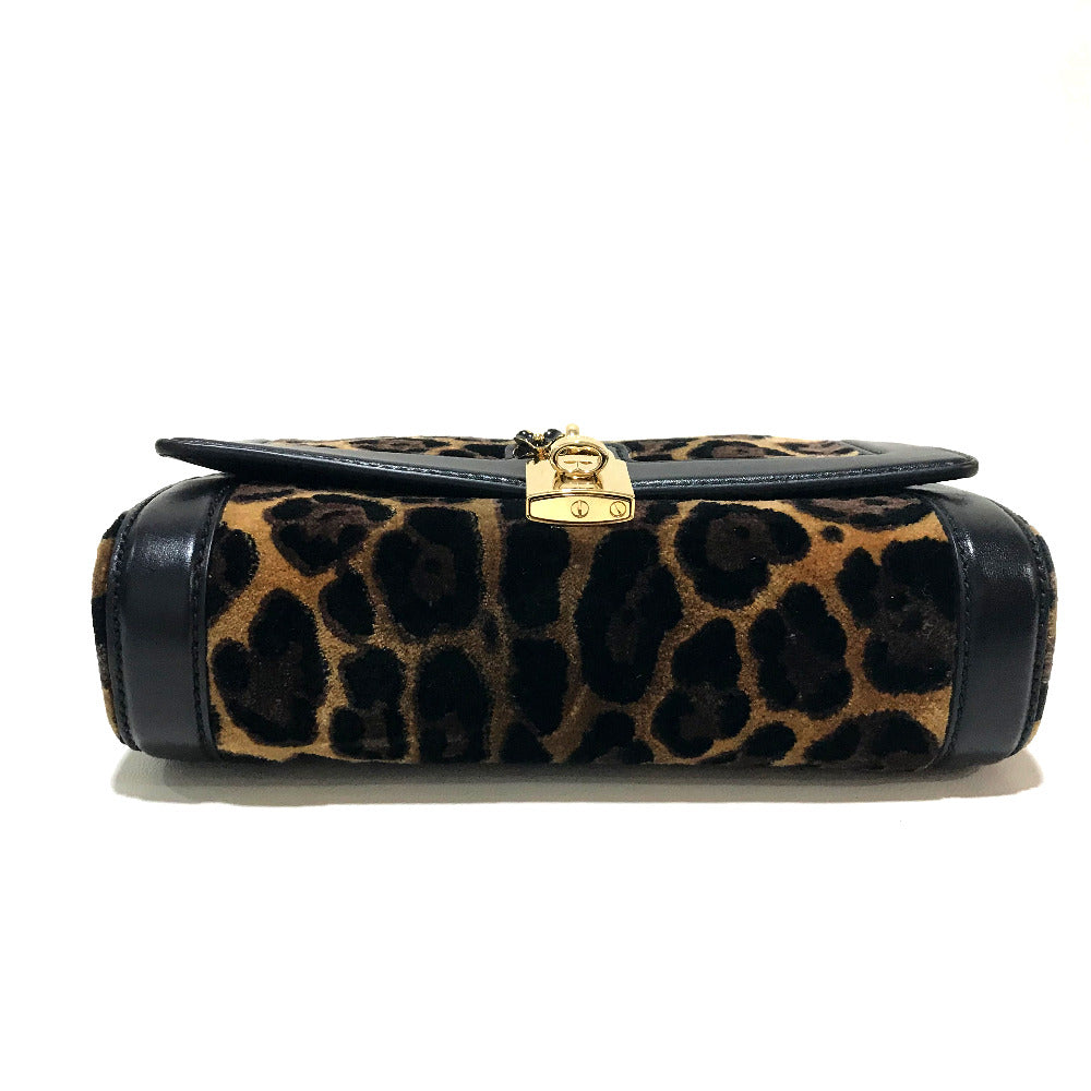 DOLCE&GABBANA Shoulder Bag Velvet / leather Black x brown Leopard print Leopard Flower Rock Metal Women Used Authentic