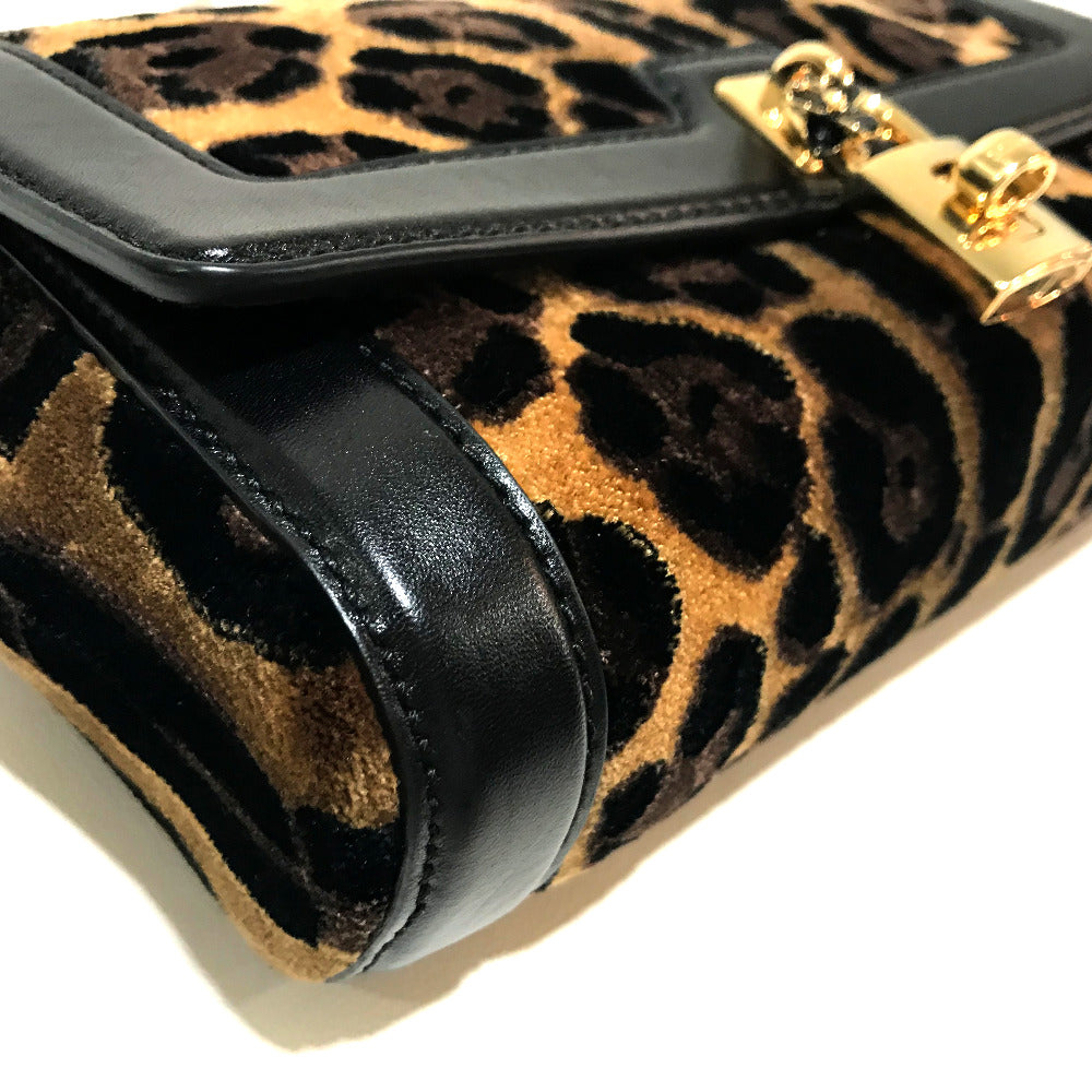 DOLCE&GABBANA Shoulder Bag Velvet / leather Black x brown Leopard print Leopard Flower Rock Metal Women Used Authentic