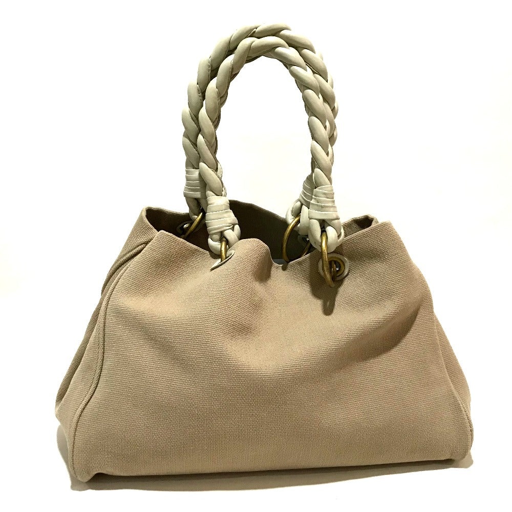 BOTTEGAVENETA Tote Bag 195976 Canvas / leather Beige x Ivory Shoulder Bag Braided handle Women Used Authentic