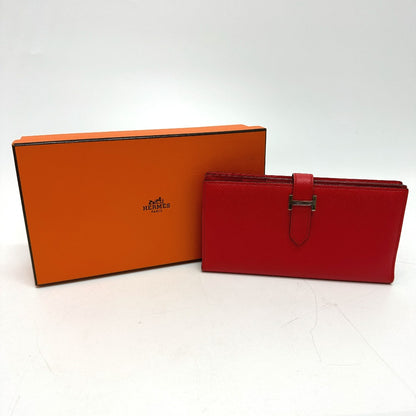 HERMES Long Wallet Purse Epsom Red HMetal Beansufla Women Used Authentic