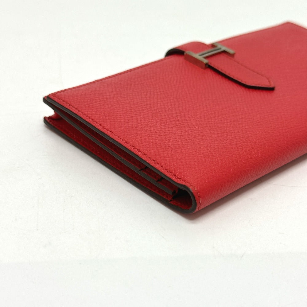 HERMES Long Wallet Purse Epsom Red HMetal Beansufla Women Used Authentic