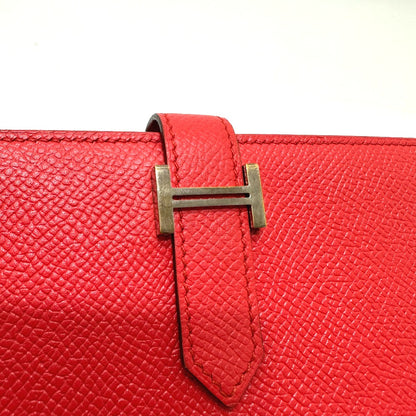 HERMES Long Wallet Purse Epsom Red HMetal Beansufla Women Used Authentic