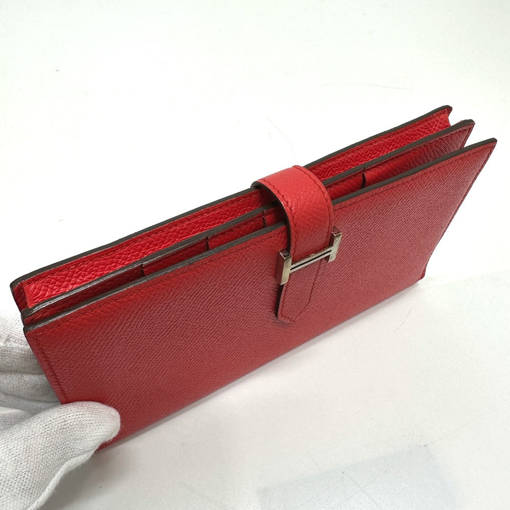 HERMES Long Wallet Purse Epsom Red HMetal Beansufla Women Used Authentic