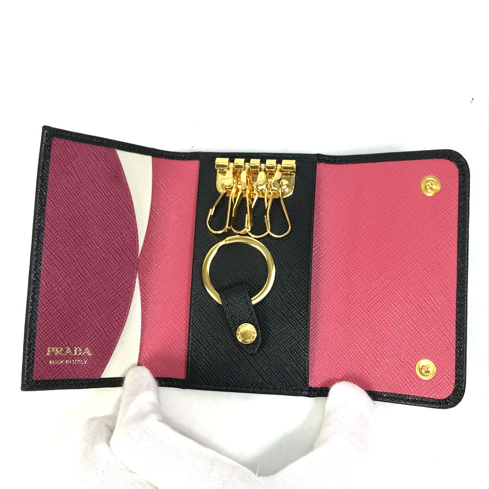 PRADA Key case Key holder  1PG004 saffiano leather Black x pink logo multicolor Key ring Women Used Authentic