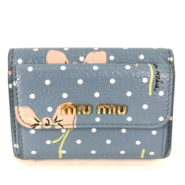 MIUMIU Trifold wallet Trifold Wallet Polka Dots Logo flower madras compact wallet leather blue Women Used Authentic
