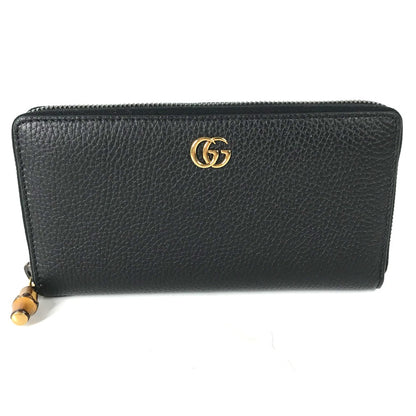 GUCCI Long Wallet Purse 739499 leather Navy GG Marmont Bamboo Zip Around Women Used Authentic