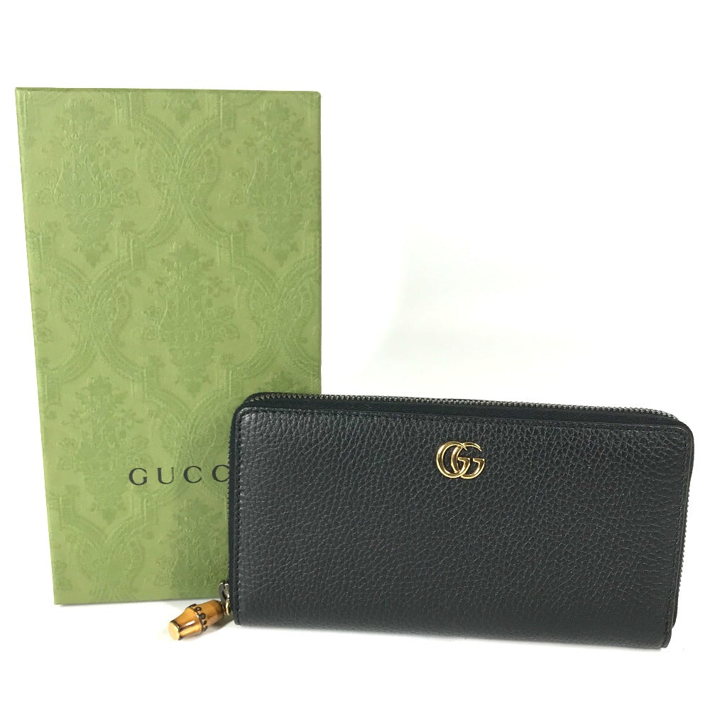 GUCCI Long Wallet Purse 739499 leather Navy GG Marmont Bamboo Zip Around Women Used Authentic