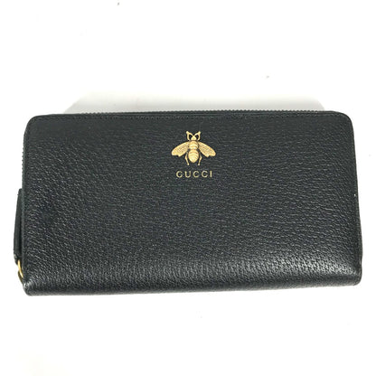 GUCCI Long Wallet Purse 523667 leather black BEE Zip Around Women Used Authentic