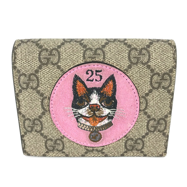 GUCCI Folded wallet Compact wallet GG Supreme BOSCO BOSCO applique dog GG Supreme Canvas 506277 Beige x pink Women Used Authentic