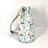 HERMES Shoulder Bag Drawstring bag marine print Petit Chartier cotton White x blue Kids Used Authentic