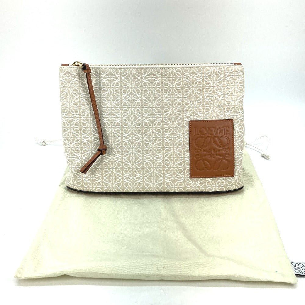 LOEWE Clutch bag Canvas / leather Beige x brown anagram jacquard oblong pouch mens Used Authentic