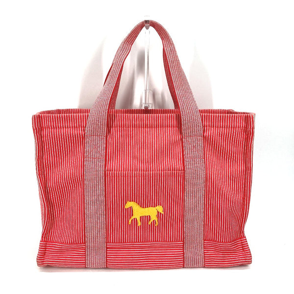 HERMES Tote Bag Shoulder Bag with pouch Mothers bag Caval Horse Cheval Stripes canvas Red Kids Used Authentic